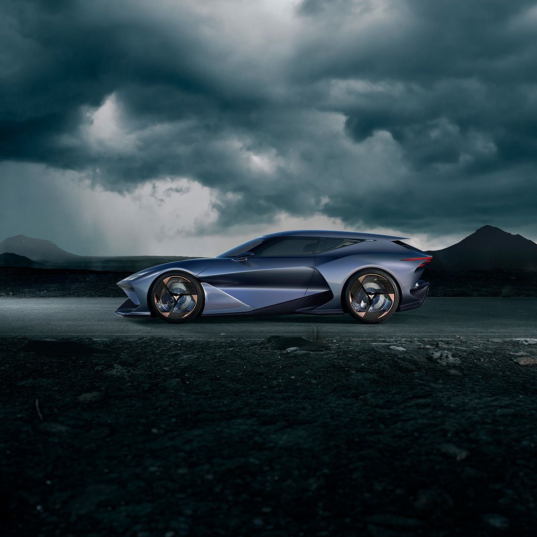 Side of CUPRA DarkRebel car in a dark and stormy setting.